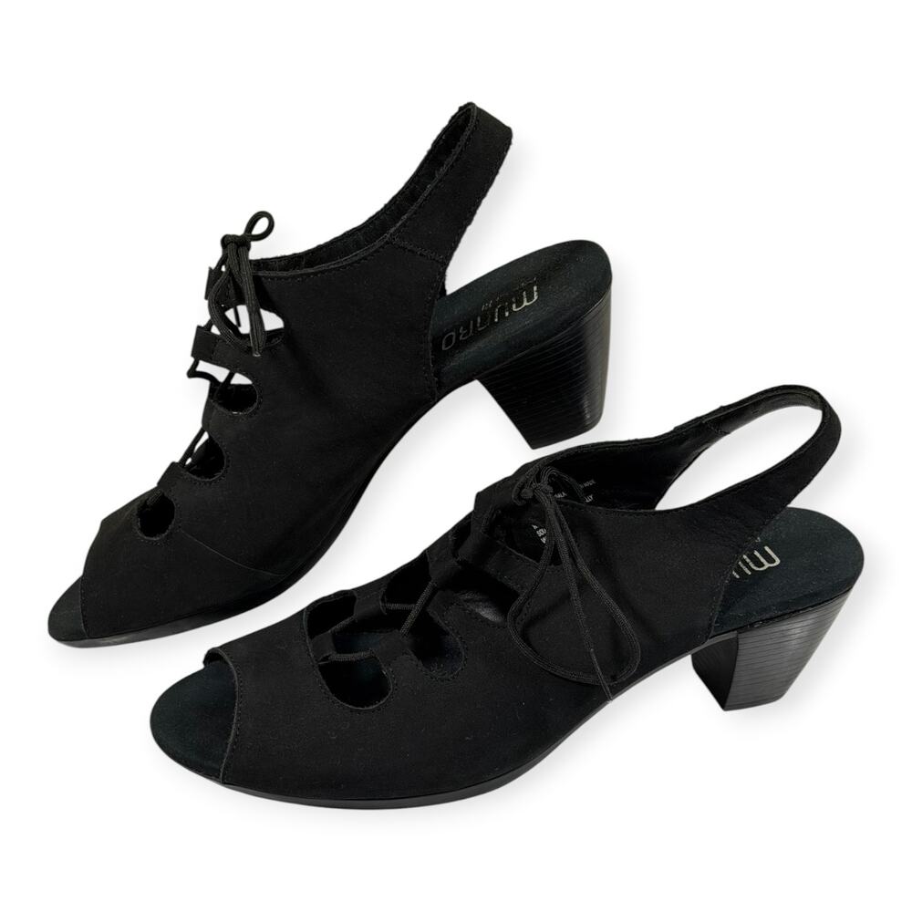 Munro Jillie Lace Up Slingback Heel/Sandal, Black, Leather, Women's 10.5 Narrow